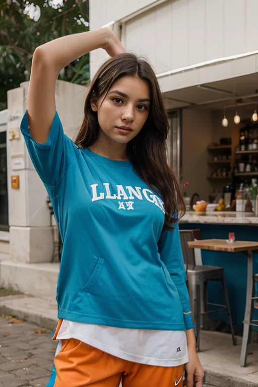 20 years old girl  setting in a coffie shop, midiam , fency drees, she is smail very cut, blue eyes, 