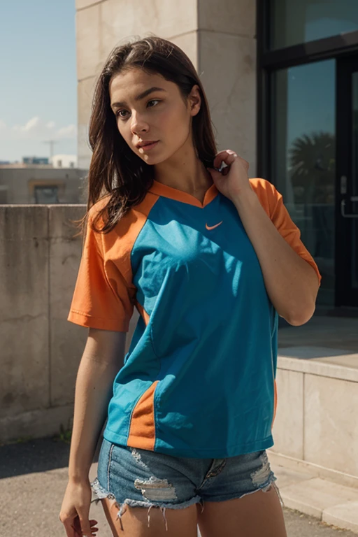 A stunning intricate full color portrait of a beautiful woman, sports jersey and sweatpants, abandoned gym,full body, epic character composition,by ilya kuvshinov, alessio albi, nina masic,sharp focus, subsurface scattering, f2, 35mm, film grain, short hair, cute smile <lora:Ladydee:1>