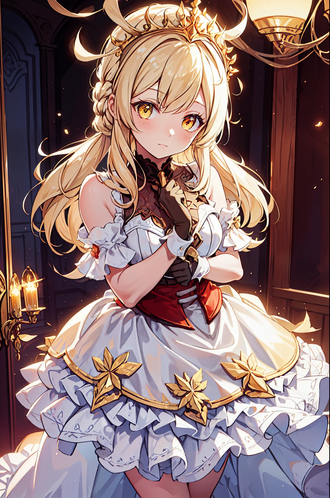 age Girl, charming,gorgeous,In Love ,sacred,( Yellow and White Princess Skirt :1.3),blond,klee, red eyes, Minimalism , Multi-layer exquisite ruffles ,Lots of Lace,( Lines on clothes :1.2),( Exquisite clothing :1.1),(Multi-layer Skirt ),Princess Crown, Perspective tulle garment , Beautiful detailed face , Bedroom scene in Western mythology, movie lights ,night,Single, Metallic Decoration ,lace,(shine:1.2), ( Best Quality ), (masterpiece:1.2)