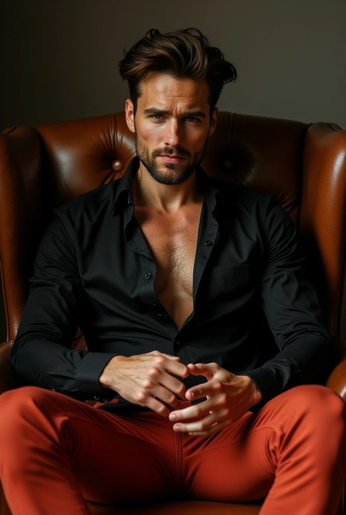 work of art,8K,ultra detali,best qualityer, A man sitting on a sofa in a club,de terno preto,skin fair,straight black hair,honey-colored eyes ,at night 