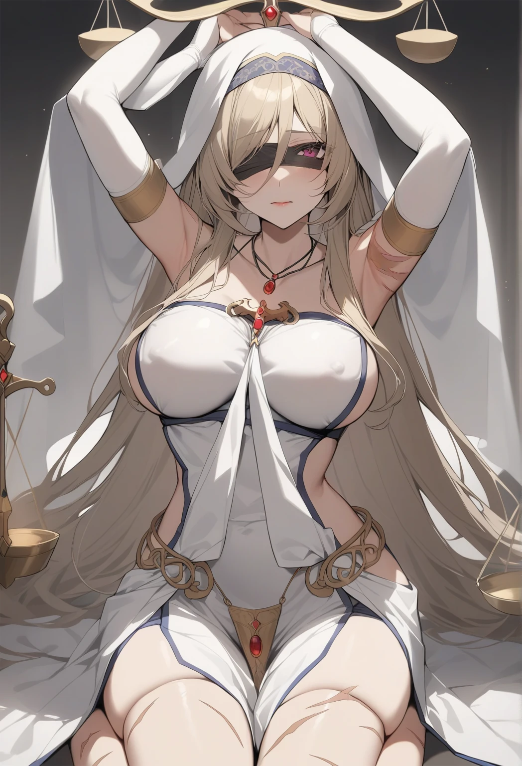 close-up, (Important Notice:1.6), detailed background, (indoors, church, assembly hall), 1girl, (black bandage eye patch:1.2), (covered eyes), (hidden eyes:1.5), parted lips, (breast curtains), (covered breasts), hanging breasts, gigantic breasts, (breast curtains), areola slip, breasts focus, big hips, blonde hair, white dress, long hair, thighs, necklace, hair between eyes,, solo, waist metal accessories, bare shoulders, jewelry, white dress, garter belt,,(Golden Grail in the right hand), (golden scepter in the left hand),walking ,full body, sexy pose, highly detailed, (shiny skin:1),(masterpiece:1.4),(best quality:1.4), sexy,<lora:hyperWHITEPANTYHOSE_aika:0.5> <lora:breastCurtains_v10:1.5> ,