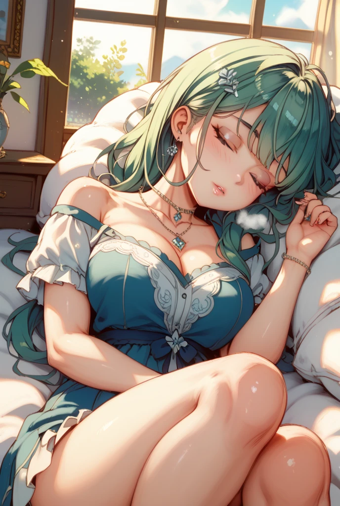 realisticlying,1 girl lying on the road,Green hair,Purple eye,glowing light eyes,Cut the top,a skirt,parted lip,Be red in the face,the night,fresh flowers,suns,rays of sunshine,Huge breasts,Beautiful and moving,