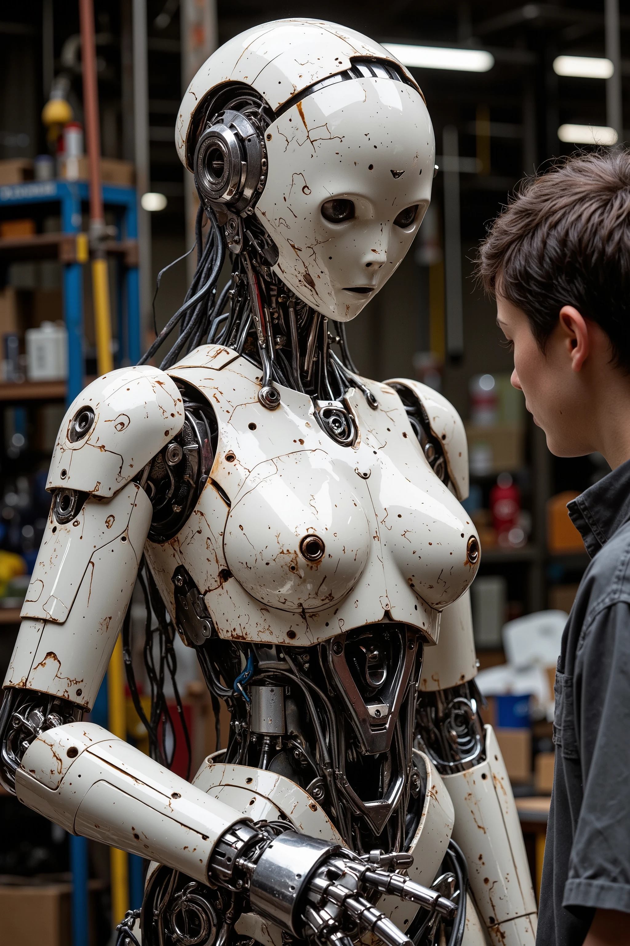 a damaged beautiful girl robot,
NSFW,
for Adults,

Damaged Beautiful Robot
A beautiful robot produced in the same factory as the C3-PO model,
Most of it is made by humans,
It's so human that you could mistake it for a human,
The beautiful robot has been heavily damaged in battle,
A robot mechanic is repairing her at the factory,