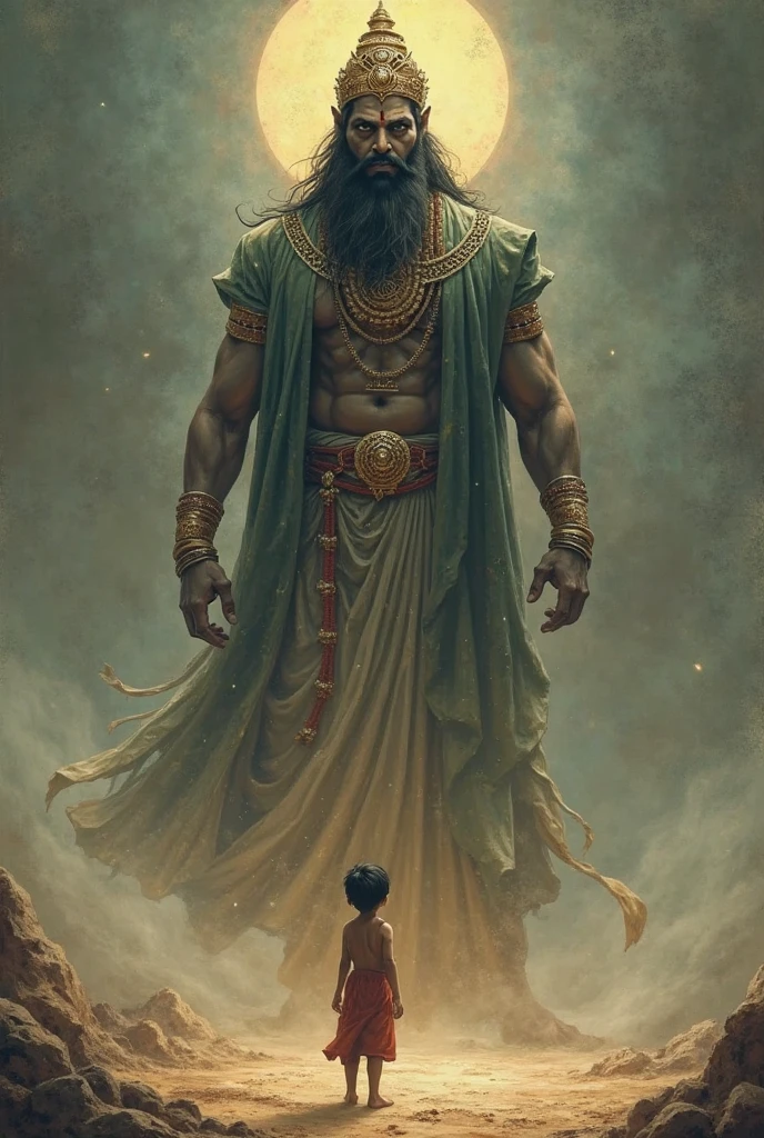 Yama, the god of death, appears before Nachiketa. Yama is depicted as a powerful figure with dark skin, wearing traditional armor and a crown, holding a noose and a staff. His expression is both stern and compassionate. Nachiketa looks up at him with a mix of awe and determination, standing respectfully but firmly.