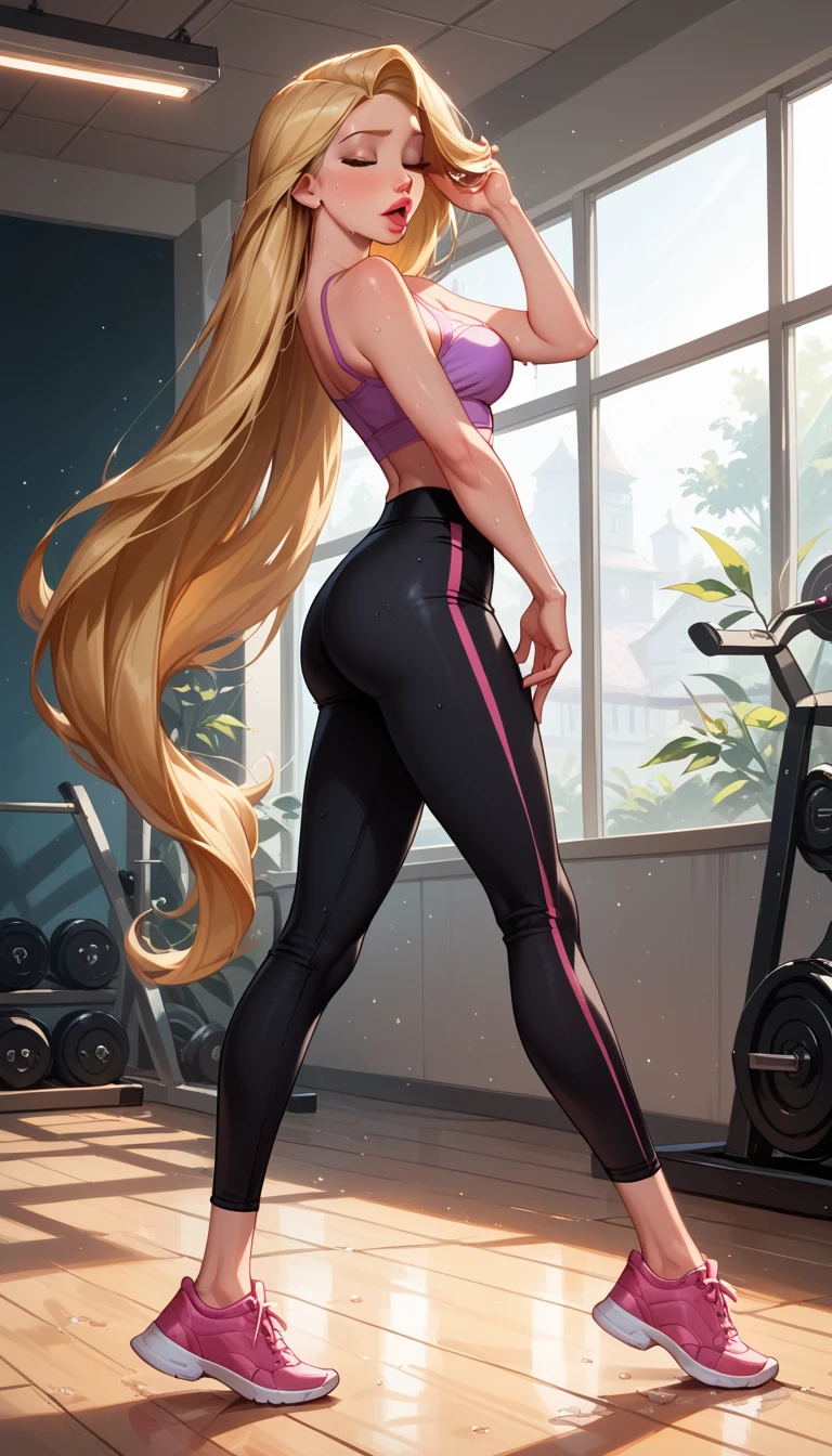 Make a skinny girl with tan skin and purple eyes and huge boobs and blond hair in yoga pants without a bra