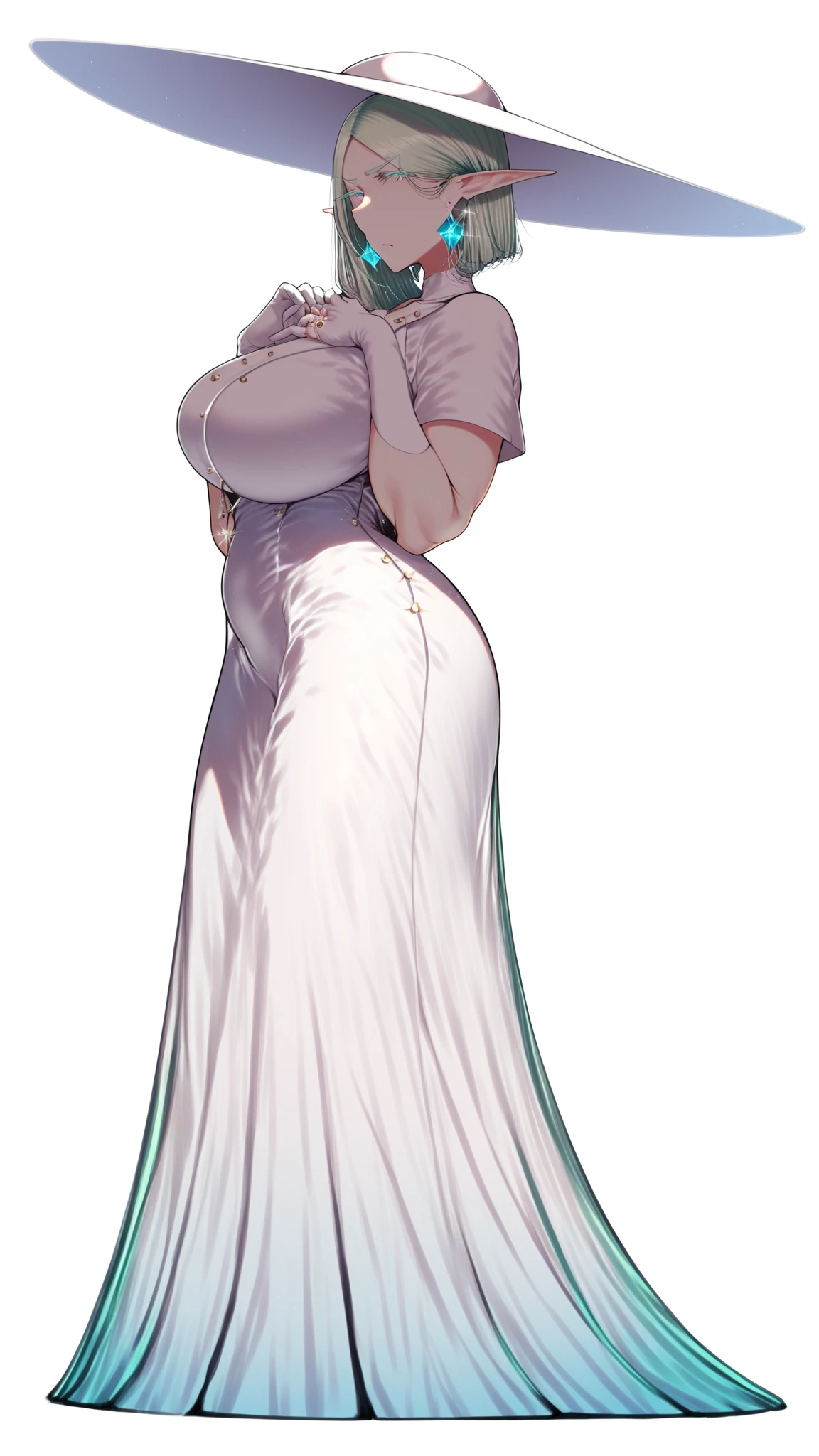 A tall sweet curvaceous voluptuous goddess with a long snowy white hair, with a long white veil.
