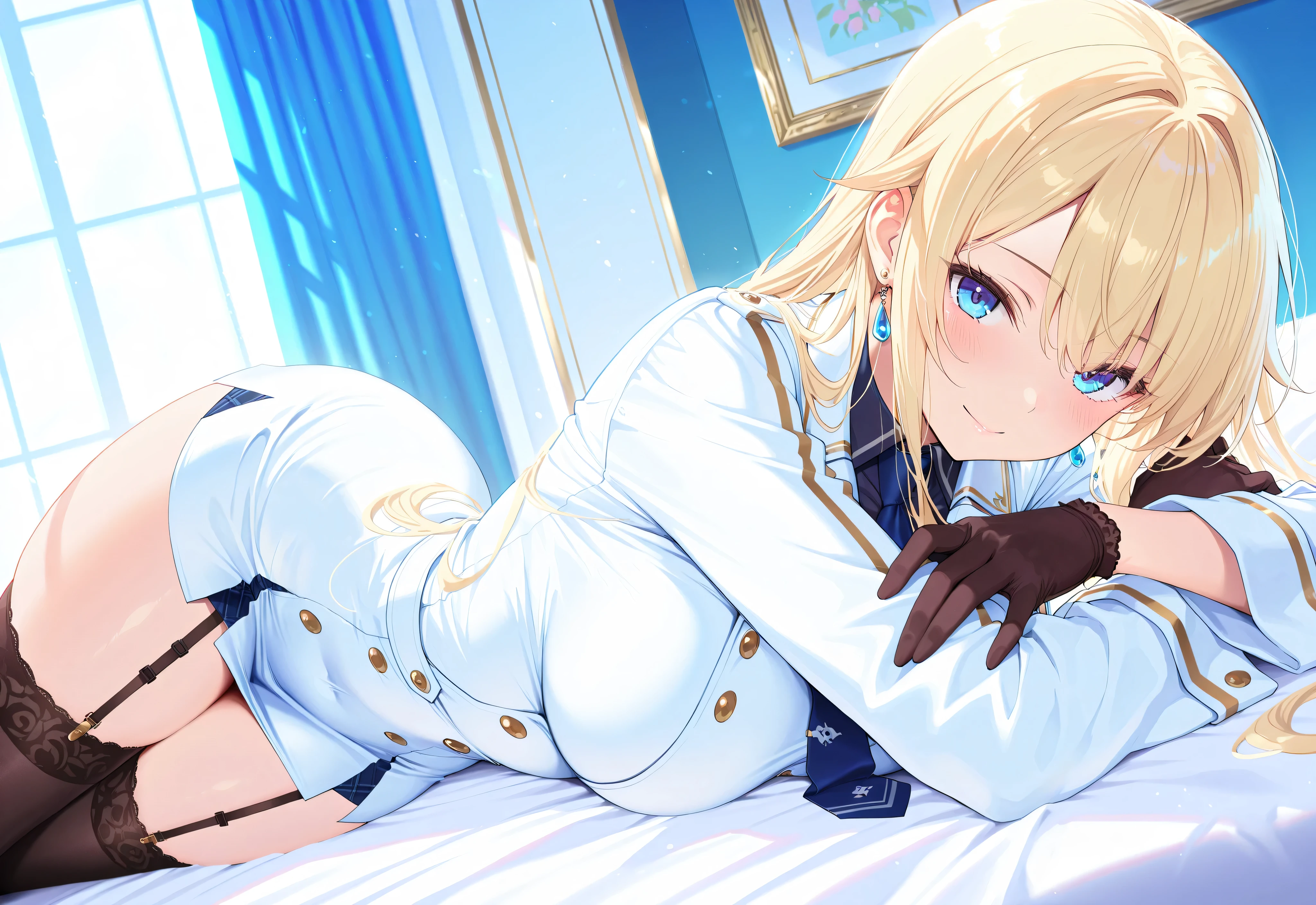 masterpiece,best quality, amazing quality, highres, absurdres, very aesthetic, high resolution, ultra detailed, perfect details,EmaMilitary, long hair, earrings, short dress, necktie, gloves, white coat, garter straps, thighhighs,,anime keyvisual,medium breasts、look at viewer、breast hold、crossed arms、curvy