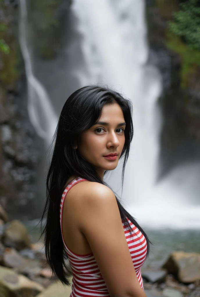 (Artwork, high quality, realistic, Ultra realistic, Remarkably high quality, photorealistic:1.5), pelada, nua, corpo pintado, perfect medium nude breasts, nude, naked, 32DD, (((((Pocahontas, native american. disney princess brown skin disney pocahontas naked, sexy girl, big breast. Sitting in a river, frontal view. Sensual. sweat runs through her beautiful body. Orgasm face. Placer. realistic ravishing Native American indian 22-year-old female a seductive tribal body paint))))), Sensual, hot photo shoot, sharp focused on, detailed, realistic, high definition, studio lighting, seductive, Attractive, Seductive, Standing facing the viewer with hands to the side, beside outdoors, Forested area, Near grassy area with su8K, Masterpiece, Best quality, Photorealistic, Ultra detailed, 1 girl, Realistic skin texture, Large breasts, sexy provocative malicious happy smile, Looking at viewer, Loose mid-cut t-shirt, under breasts, under breasts, Film lighting, Focus on face, Beautiful eyes, detailed face, well-lit face, sun rays, outdoor cafe in the background, low angle photo, view from below# Immediate production is located on a rooftop in Corona Queens, New York. It's sunset and the sky is full of vibrant colors, creating a stunning backdrop to the scene. The woman strikes a confident pose, exuding elegance and grace. which adds a playful touch to your sophisticated look. The roof glows with the warm city lights and the atmosphere is enhanced by the presence of dazzling neon lights that dot the horizon. The image is of the highest quality, with sharp focus and ultra-detailed features, capturing every nuance of the woman's expression and her surroundings.