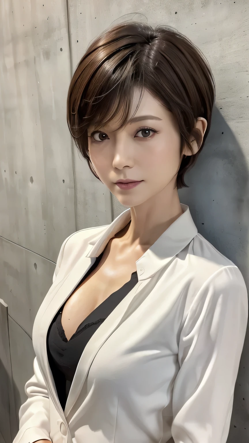 Photorealistic、Highest quality、Highest quality、masterpiece、Ultra-high resolution、Raw photo、Realistic、Bright lighting、Face Light、Smooth Professional Lighting、Looking at the camera、alone、Adult women、Beautiful woman、Super Beauty、Realistic肌、Moisturized Skin、Realistic eyes and faces、Perfect model body shape、Beautiful Eyes、Big eyes、Inconspicuous tear bags、slim、Big Breasts、No bra、No makeup、Very short hair、Black Hair、Black Eye、looks fun、The ears are hidden in the hair、(cyber punk,Blue clothes,white loose coat,Long sleeve coat),