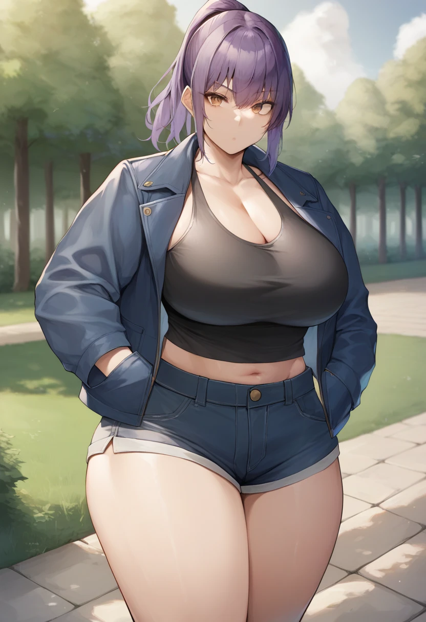 score_9, score_8_up, score_7_up, source_anime, 1girl, solo, park, amber eyes, violet hair, blue jacket, open jacket, black tank top, jean shorts, seated, on a rock, cowboy shot, grin, blush,  big breasts, wide hips, thick thighs, blunt bangs, ponytail, by uodenim <lora:Uodenim-Style-PonyXL:1>