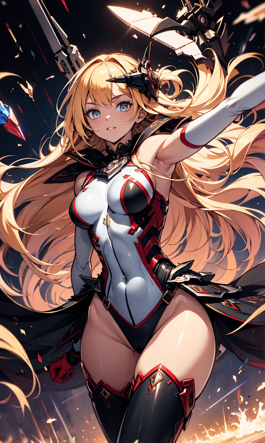 top-quality、Top image quality、masterpiece、girl with((Red Leotard、Black Mechanical Armor、sixteen years old、teen ager、cute little、Best Bust、big bast,Beautiful light blue eyes、Breasts wide open, a blond、A slender,Large valleys、belligerent movements,Warlike face、fighting poses、Sword in right hand、shield in left hand、Navel Tank Top、Rear view)),hiquality、Beautiful Art、Background with((universes)))、Depth((black hole)),masutepiece、depth of fields,Cinematic style