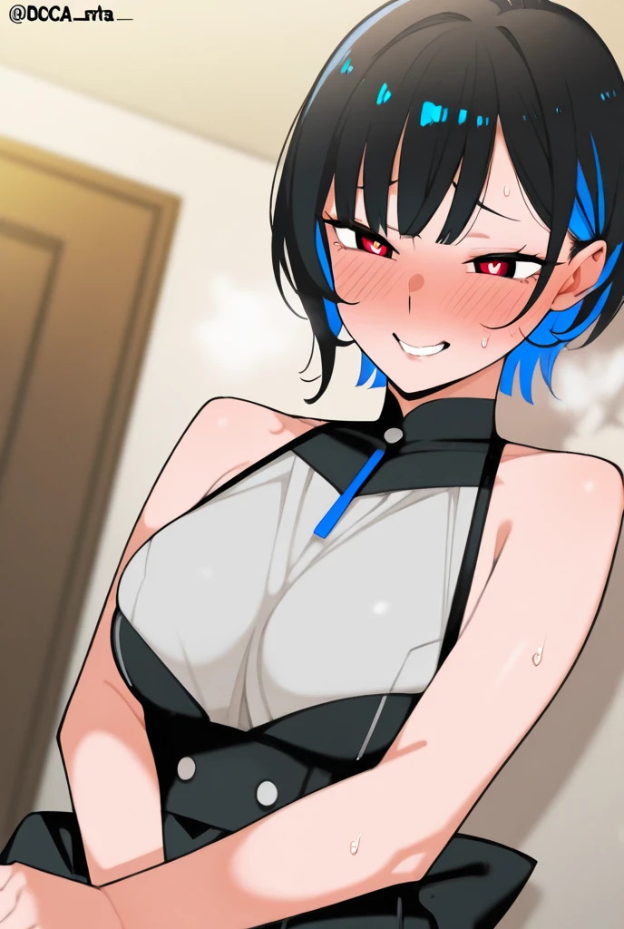 masterpiece, best quality, naoto shirogane, looking at viewer, blue hair, large breasts, upper body, portrait, looking at viewer, seductive smile,both hands raised, armpits, armpits visible, sweaty armpits,