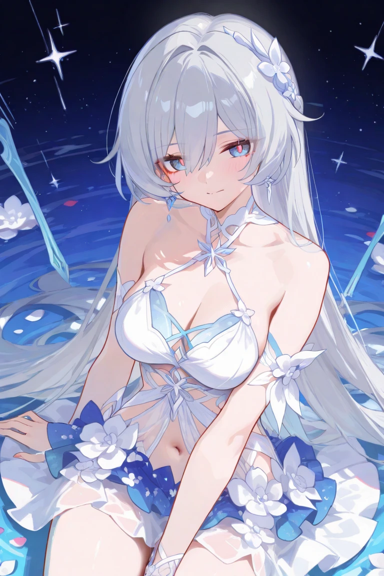 (A close up: 1.2) of an anime teen girl, (standing in a (river), (((half naked))), cinematic light, slim body with curves, skin is perfectly white, soft, and smooth, ((no nsfw)), Extremely delicate and beautiful CG illustration, best quality, high resolution, dynamic angle, full-length lens, (1 girl), floating, soft light, high-key lighting), glowing light, purple halo, feathers fluttering background, blue crystal, (((wearing nothing but a white (pure:1.5) (transparent) tank top))), (visible feet)