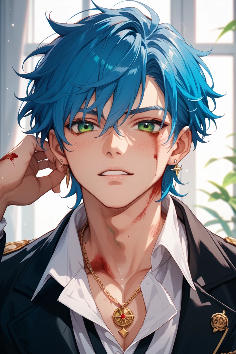 A young man with light blue hair, covered in blood.