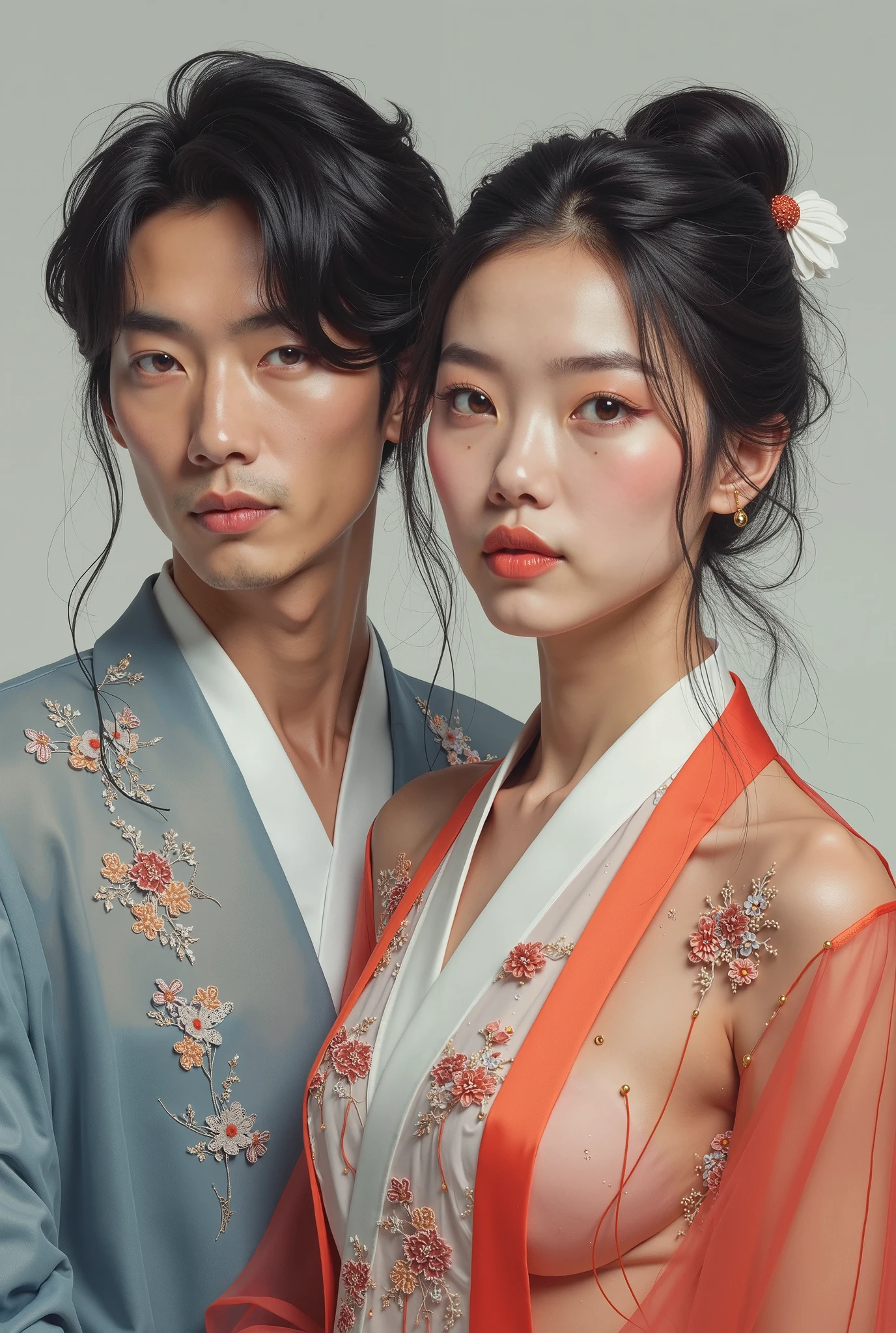 Kioto, 1949. A young ((((29-year-old)) Sayuri)), strikingly beautiful, delicate facial features, porcelain skin, expressive eyes, ((tight embrace, hugging a man, passionate)), looking into each other eyes, ((((japanese clothings from the 1940s)))), ((hairstyle of the 1940s)), colorful