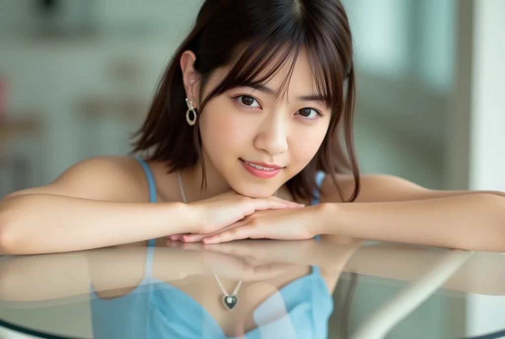Best-quality, Masterpiece, Ultra-High-Resolution, (Photorealistic:1.4), Raw-Photo, at hotel-room, 1girl, 15-years-old, the most famous Japanese idol, wearing only navy-blue jacket, sitting on luxurious-chair, extremely cute face like the most popular Japanese idol, extremely beautiful big-eyes, extremely beautiful black-short-cut-haired, extremely beautiful skins, extremely beautiful long-eyelashes, extremely beautiful lips, looking at viewer, innocent-smile