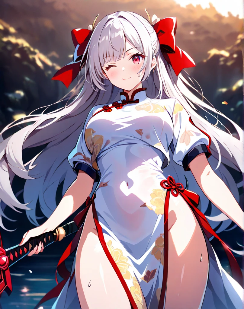 (Masterpiece), (Top Quality Anime Illustration), (Super Definition), One Girl, Solo, Beautiful Girl with Silver Hair, Anime Loli, Cat Ear Loli, Red and White Priestess Costume, Red and White Hakama, Lori Priestess, Smile, Cleavage Emphasis, Lower Breast Emphasis, Thighs, Tarot Card Style