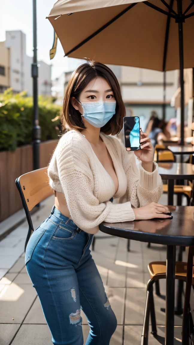 araffy image of a woman wearing a face mask and a purse, (sfw) safe for work, cleavage, sie boob, asian hyperdetailed, wearing mask, asian girl, wearing bra, breasts covered and sfw, mask off, finely masked, malaysian, 4k post, taken in 2 0 2 0, 4 k post, an asian woman, busty