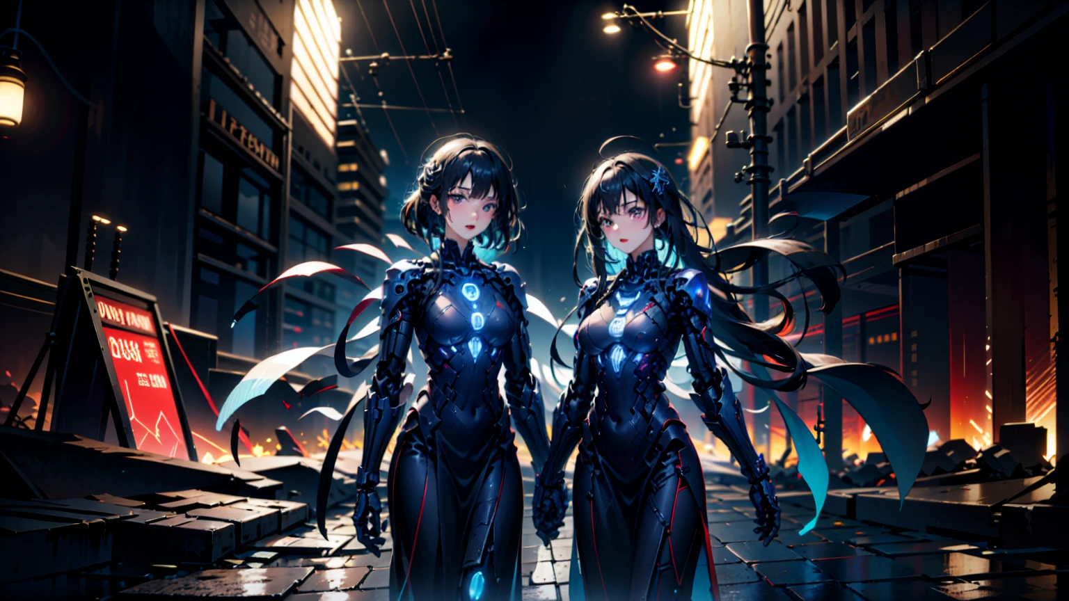 1 Japanese girl, Warframe, Complex patterns, heavy metal, Energy Line, The Faceless, Glowing eyes, elegant, intense, Blood red and black, Solitary, Modern, City, street, dark clouds, thunderstorm, Heavy rain,, Dramatic Lighting,, (masterpiece:1.2), best quality, high resolution,   Exquisite and detailed, Extremely detailed, Perfect lighting,