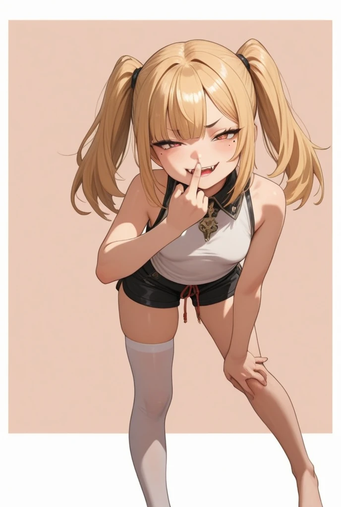 black skin,flashy,pantyhose,child,loli,bangs bangs,blonde,5 years old,best quality,from below,nsfw,foot up,full-face blush,4fingers and 1thumbs,tan,gal,evil smile,Tank top,mini skirt,twin tails