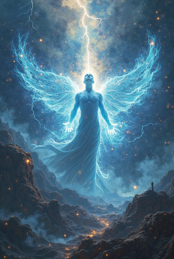 Male being of light with winged robe, face of light, illuminated with intense radiating bluish-white incandescent light, With sword of fire in hand