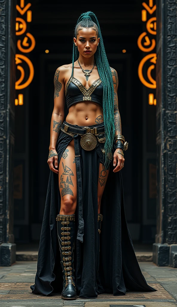 dark fantasy, (realistic, photo-realistic:1.37), (full body shot:1.4), (ohwx woman) with short mohawk orange hair and tribal tattoos on neck and arms, fantasy world, tribal patterns on the tattoos, wearing fantasy art bra and leather tight trousers, holds a long magical spear, immersive fantasy background, rough texture, surreal landscapes, (ethereal beauty:1.1), supernatural elements, (fine art, oil painting:1.3), (expressionless face:0.9), (haunting beauty:1.1), (intricate patterns:1.2), (majestic:1.1), (mystical aura:1.1), (enchanted:1.1), (elegant:1.1), (captivating:1.1), (dark shadows:1.1),