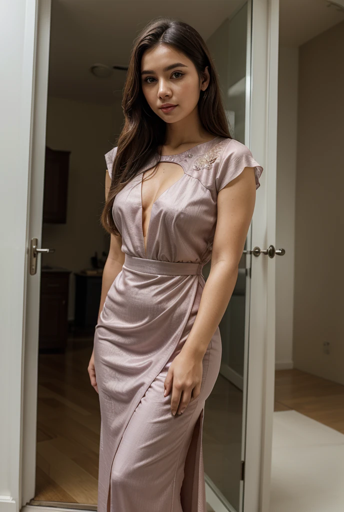 Janeane Garofalo, high detail plunging dress, musical, powerful, mischievous, 8k, (insanely detailed:1.5), full body photograph, 20 megapixel, canon eos r3, detailed skin, pale skin, scifi background