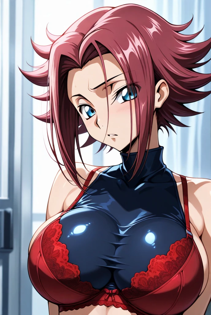 (best quality, high quality:1.2), cinematic lighting, extremely detailed, <lora:YuuMikiharaV2:1>, yuumikihara,
1girl, solo, red hair, long hair, large breasts, green eyes,
standing, arms behind back, upper body, looking at viewer, front view, seductive smile,
black latex, one-piece swimsuit,
luxury room, indoors,