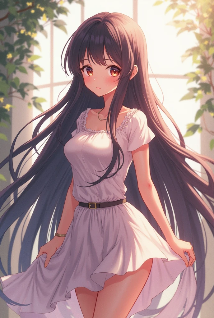 1 lady, Beautiful asian lady, Long straight hair, beautiful face, detailed face, delicate eyes, detailed pupil, beautiful and delicate lips, white camisole long skirt, Simple and stylish, hand drawn animation, high detailed, outdoor, blush, shy, heart, in love, symmetrical clothes, best quality, masterpiece, retina
