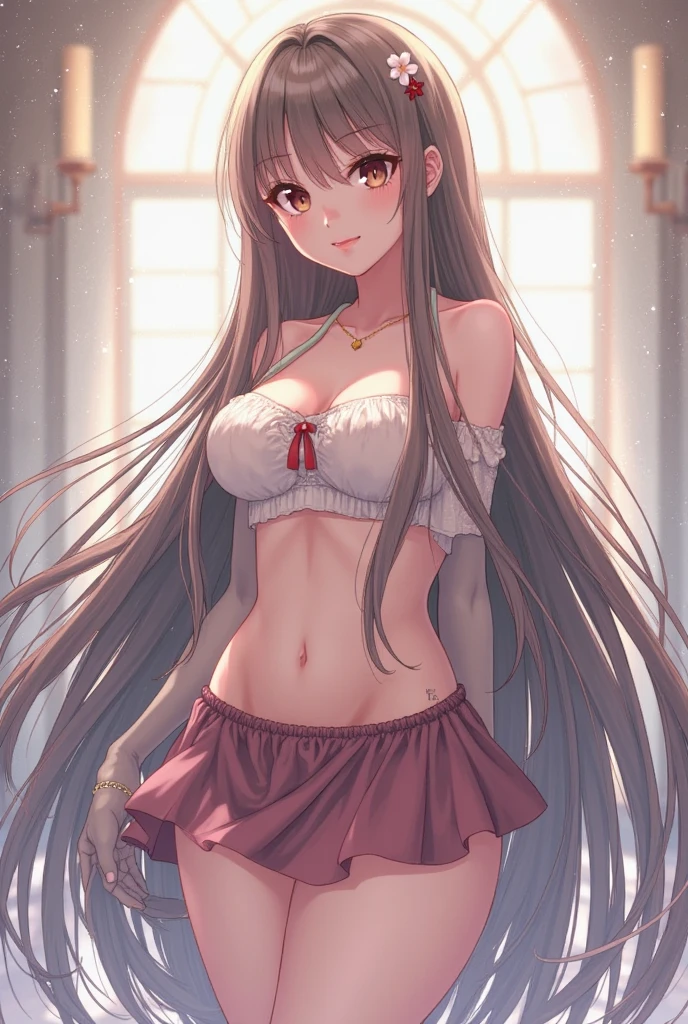 Fantasy art、((masterpiece,best quality anime,Highest quality:1.3)),realistic,portrait,1woman,(Mature Beauty),((very small head:1.4)),((very long body:1.3)),long hair,black hair,bangs,(gorgeous big eyes),black eyes,shy,((slender body:1.3,skinny)),medium breasts,(Red tube top shirt、navel、red loincloth),sweat,gleaming skin,Old Church、at night、A world of magic and fantasy、