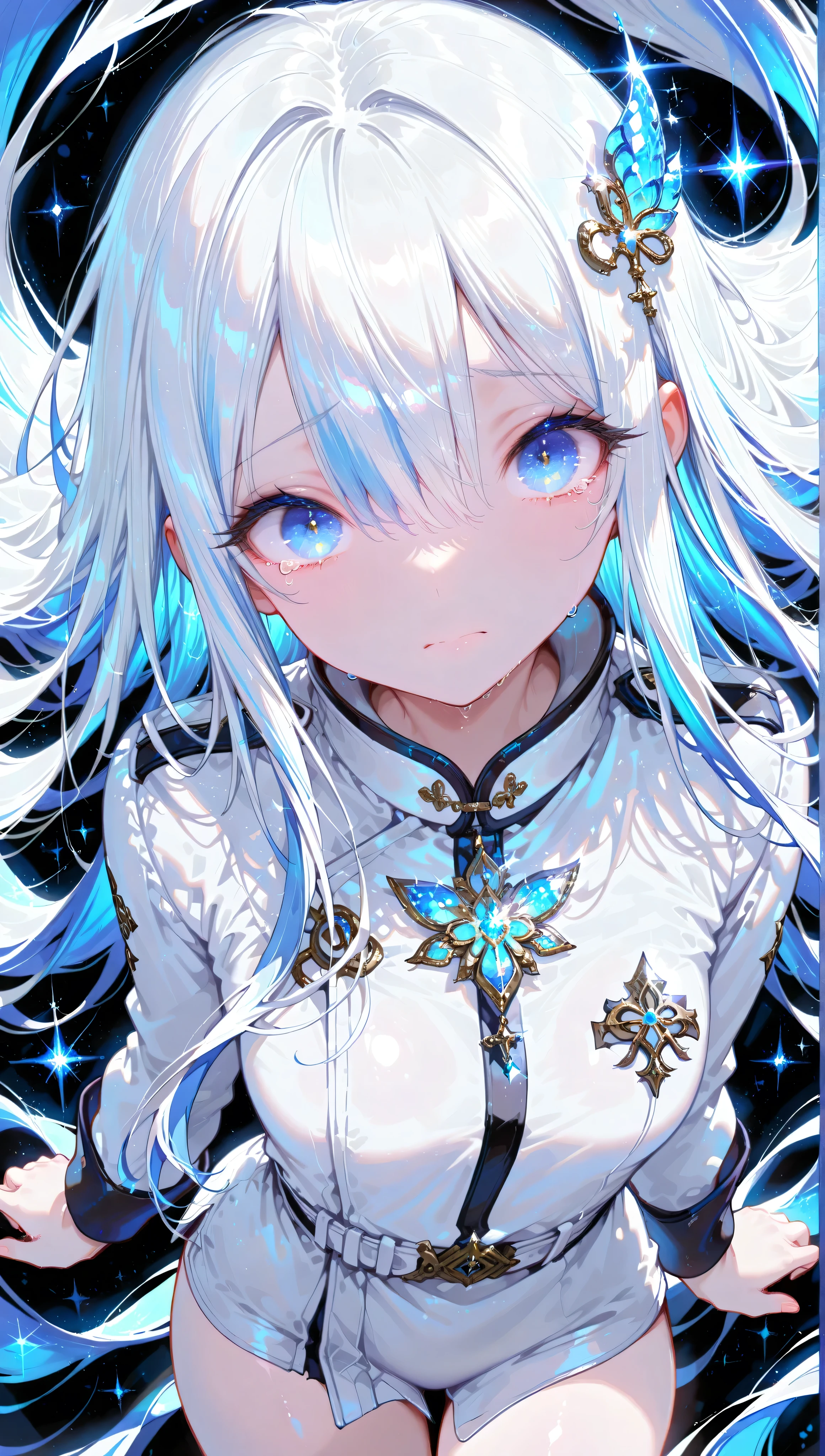 (((masterpiece,Highest Quality,amazing quality))),(high resolution,details,非常に繊細でbeautiful),1 girl, solo, eyes that shine like jewels,glowing eyes,tears,looking at viewer,glowing1:2,eyelashes,long hair, very long hair, blue hair,white hair, (face,close-up),multi-colored hair standing on the ground,beautiful,Open your small mouth, blue eyes, wind blows,fluttering hair,floating, viewers looking straight up, dynamic scene,Hair Ornament, absurdly long hair,hair between eyes, Abstract Background, energy , blue theme, universe, cowboy shot wearing white judo uniform,748cmstyle,bangs,eye focus,sparkle,shiny skin