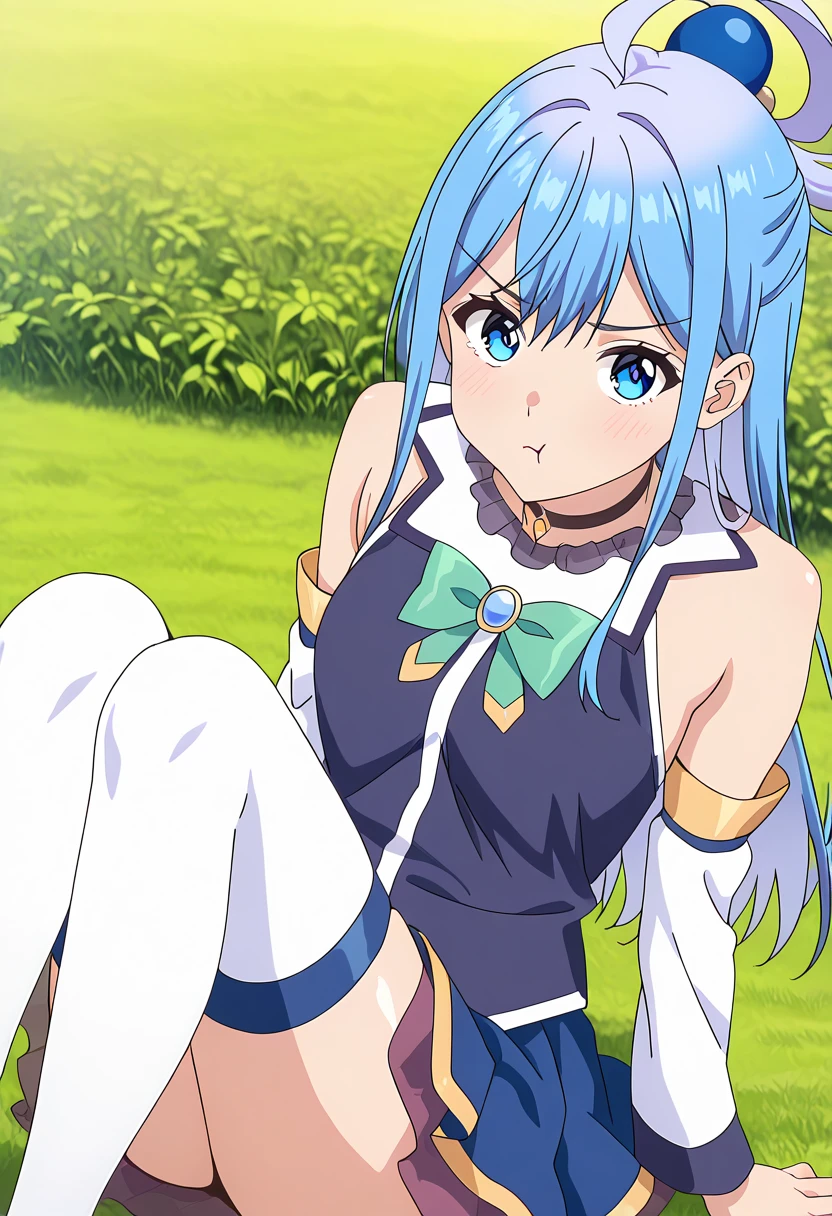 1boy in,Nsfw,(((1girl,1boy,sex,vaginal ))),konosubaAqua, Aqua, Long Hair, blue eyes, hair ornaments, very Long Hair, Blue Hair, Hair Ring, Single hair ring, Hair ties,(((realistic white lace panties))),in the water,
break skirt, shirt, Knee socks, Exposing shoulders, Removable sleeves, white Knee socks, blue shirt, Green ribbon,
break outdoor, forest, nature, wood, village, null, sun, cloud,
break looking at viewer, 
break,,masterpiece ,8k unity wallpaper,anime key visual,highest quality, High resolution, unity 8k wallpaper, (shape:0.8), highly detailed face, shiny skin,fine skin,white skin,dense skin,detailed hair,highly detailed legs,perfect lighting, Detailed CG, (perfect hands, perfect anatomy),High resolution,(Detailed wear ),slender limbs, delicate curves, dainty hands,figure:0.8,