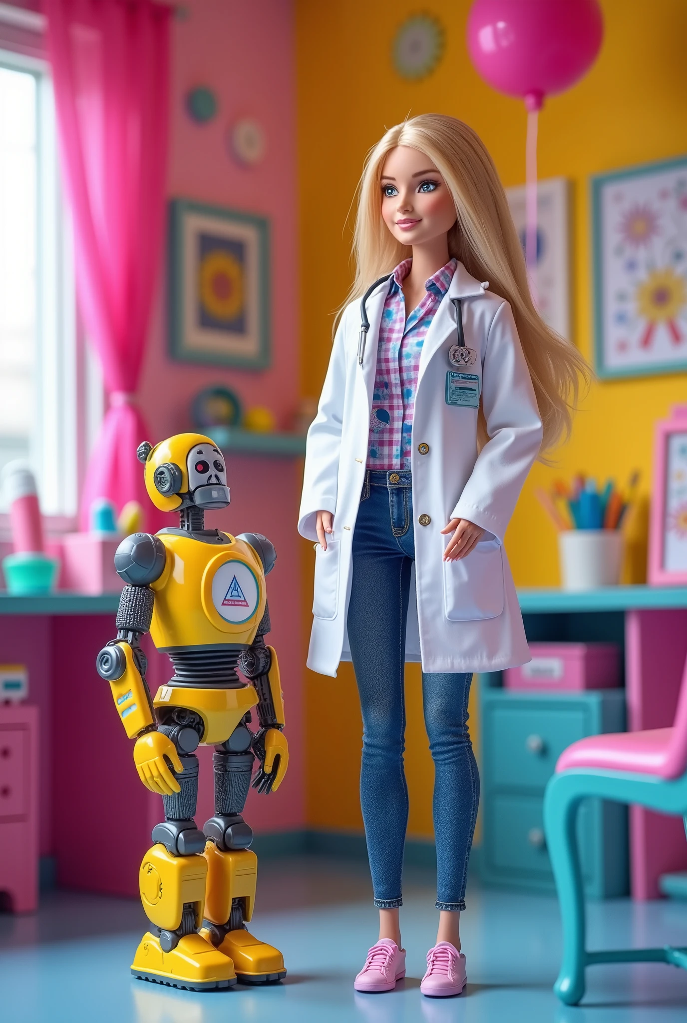 Create a vibrant scene featuring a Barbie doll as a robot doctor, dressed in a lab coat. The setting is her cheerful clinic, filled with colorful decorations. In the foreground, there is a broken robot awaiting treatment, surrounded by a bright and playful atmosphere.