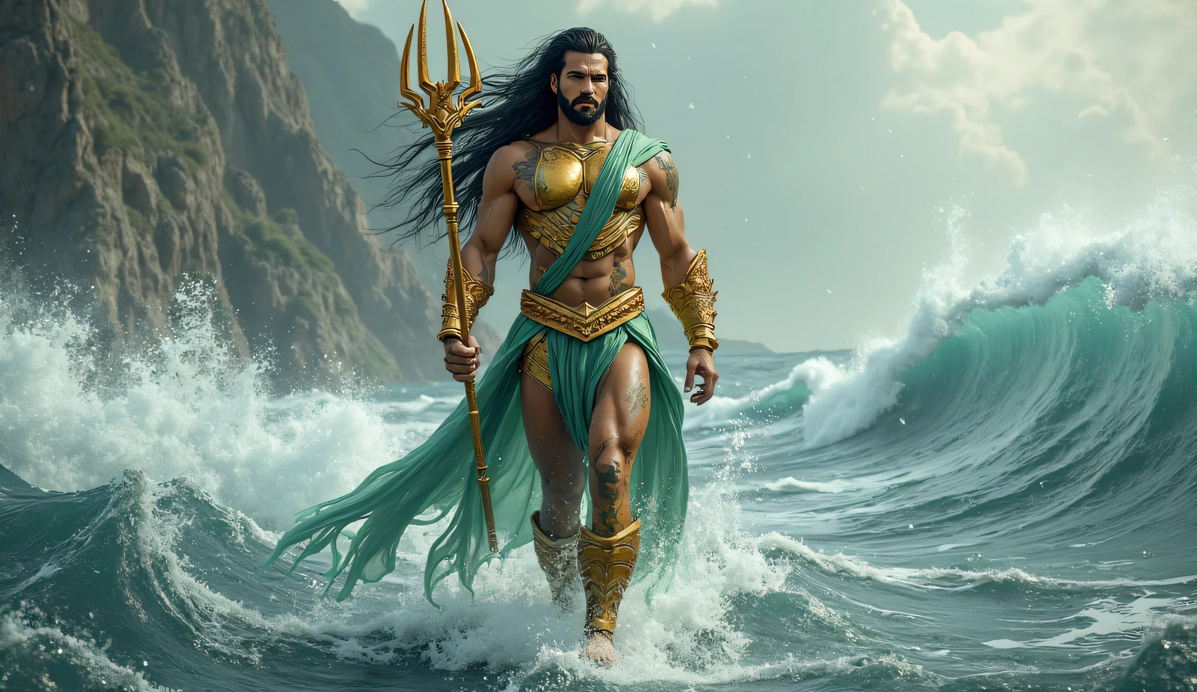 A tall man with broad shoulders. He is not that strong, but has a muscular body. He has short black hair and turquoise eyes. He is shirtless and wet, because he is a merman. He is in his human form. He is holding an imponent Trident made out of aquamarine