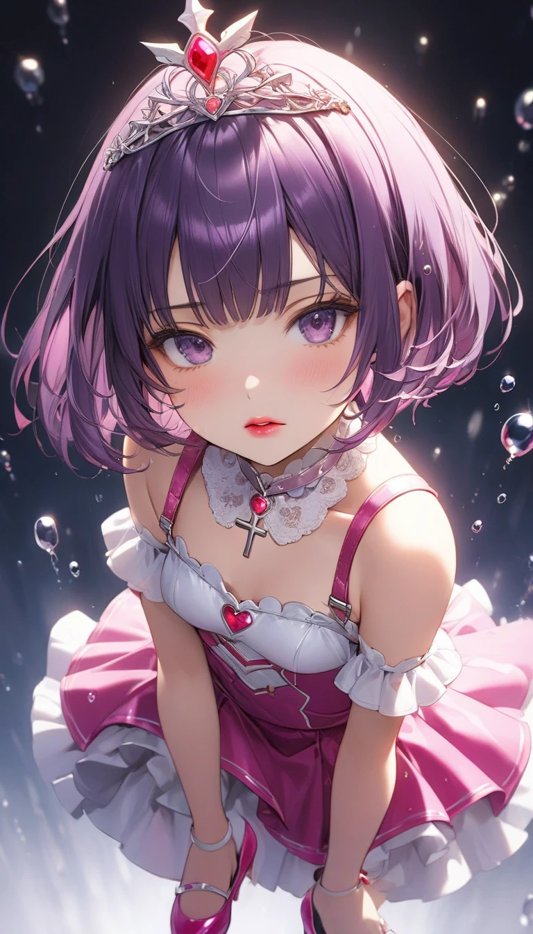 (masterpiece, best quality, ultra-detailed, best shadow), (detailed background,dark fantasy), (handsome detailed face), high contrast, (best illumination, an extremely delicate and beautiful), ((cinematic light)), colorful, hyper detail, dramatic light, intricate details, (2girl, solo, purple with blue hair, sharp face, red eyes, hair between eyes,dynamic angle), blood splatter, swirling black light around the character, depth of field,black light particles,(broken glass),magic circle,