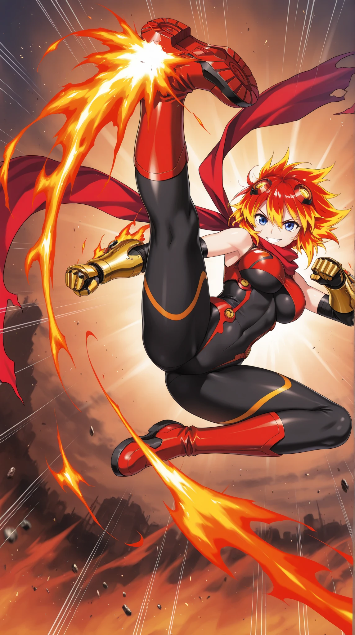 (Masterpiece, top quality, high resolution)), ((highly detailed CG unified 8K wallpaper)), (huge stunning goddess shot, very hot and sexy, jaw-dropping beauty, perfect proportions, beautiful body, slim body beauty:1.1), 1 woman, cutie honey, Red hair, short hair, big eyes, staring at camera, (red tops, cleavage cutout, bare shoulders, bare backs, black leggings, choker with heart symbol, gold long gloves, gold boots, armlet), (Hands clasped above head, legs apart:1.8), (simple background, white background:1.5), front view, smile, Exploding cloth,