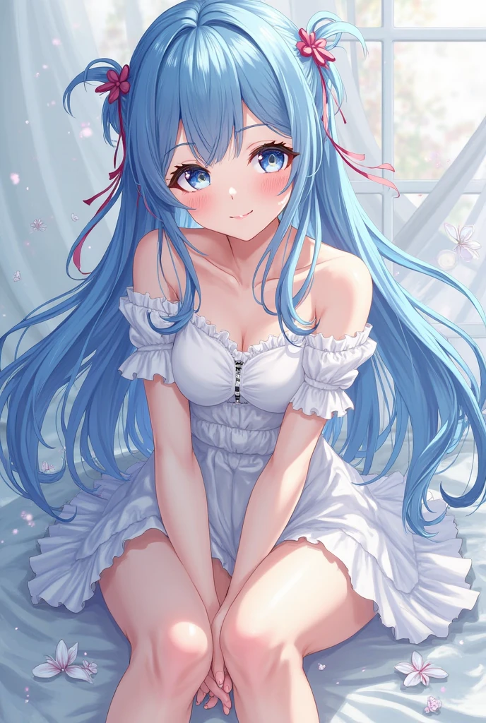 masterpiece, best quality, extremely detailed, (illustration, official art:1.1), 1 girl ,(((( light blue long hair)))), light blue hair, ,s old, long hair ((blush)) , small breasts,cute face, big eyes, masterpiece, best quality,(((((a very delicate and beautiful girl))))),Amazing,beautiful detailed eyes,blunt bangs((((little delicate girl)))),tareme(true beautiful:1.2),seductive smile, sense of depth,dynamic angle,,,, (show off own areola slip:1.2)affectionate smile, ,(tiny 1girl model:1.2) ((masterpiece, best quality, extremely detailed, absurdres)), focused leg, wet, sweat, shiny skin, open stance,, , , point light, sweatdrop,light smile, gasping , show panties, feet, (embarrassed, nose blush,),,reflected light, , solo, depth of field, masterpiece, best quality, extremely detailed、Yumekawa, dreamily cute, pale, moya, (masterpiece, highest quality, highest quality, watercolor (medium), official art, beautiful and aesthetic: 1.2), (beautiful girl: 1.3), upper body, yukata, lolita,wer look, pattern, soap bubbles, rainbow behind, clouds, colorful, soap bubbles, hair spread throughout, cute, pastel, sweets