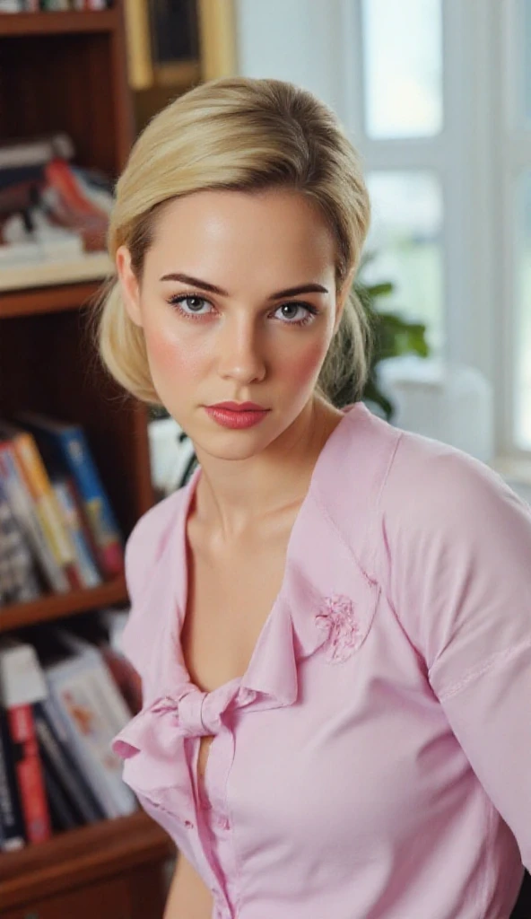 A photo of a young, nerdy skswoman sitting in a caf, wearing a white shirt and a bow, surrounded by a cozy atmosphere, looking at the viewer.
short hair, slender, red lips, transparent fabric, flirting with the camera <lyco:Meg RyanV7:1.2>