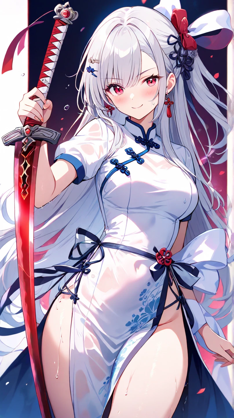 (Masterpiece), (top quality), Tomoe Gozen, red eyes, white dress, big breasts, sexy pose, detailed river in the background, precise hands, bright eyes, soft lightning