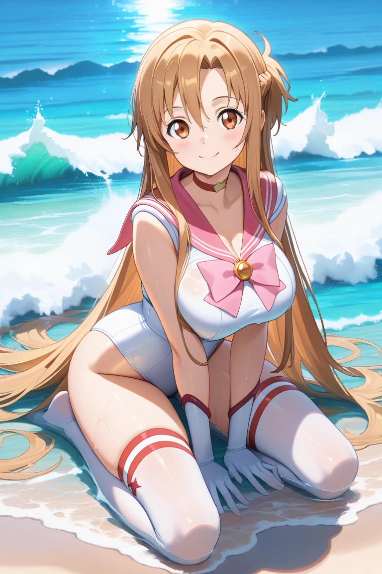 (Ultra extreme detailed),(Masterpiece),(Ultra extreme),CG,(color:1.2), ,alone, Symphonic_Lily,symphony_Yuri,Blonde Hair,Ahoge,Long Hair,Close your eyes,hair accessory,Light pink long gloves,Light pink and blue short dress,Frilled Skirt, (She walked along the beach in the sunset, her bare feet touching the water, the closest she came to seeing that smile:1.1), (cinematic angle:1.1),