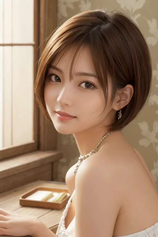 masterpiece、highest quality、High resolution、table top、wallpaper、realistic、bright lighting、professional lighting、face light、smooth lighting、japanese woman、adult、Beautiful woman、action、gravure、sexy、poor、super beautiful、beautiful skin、beautiful and detailed eyes、detailed face、slim、moderately、short hair、brunette colored hair、brown eyes、look at the camera、I have a sax、big breasts、cleavage