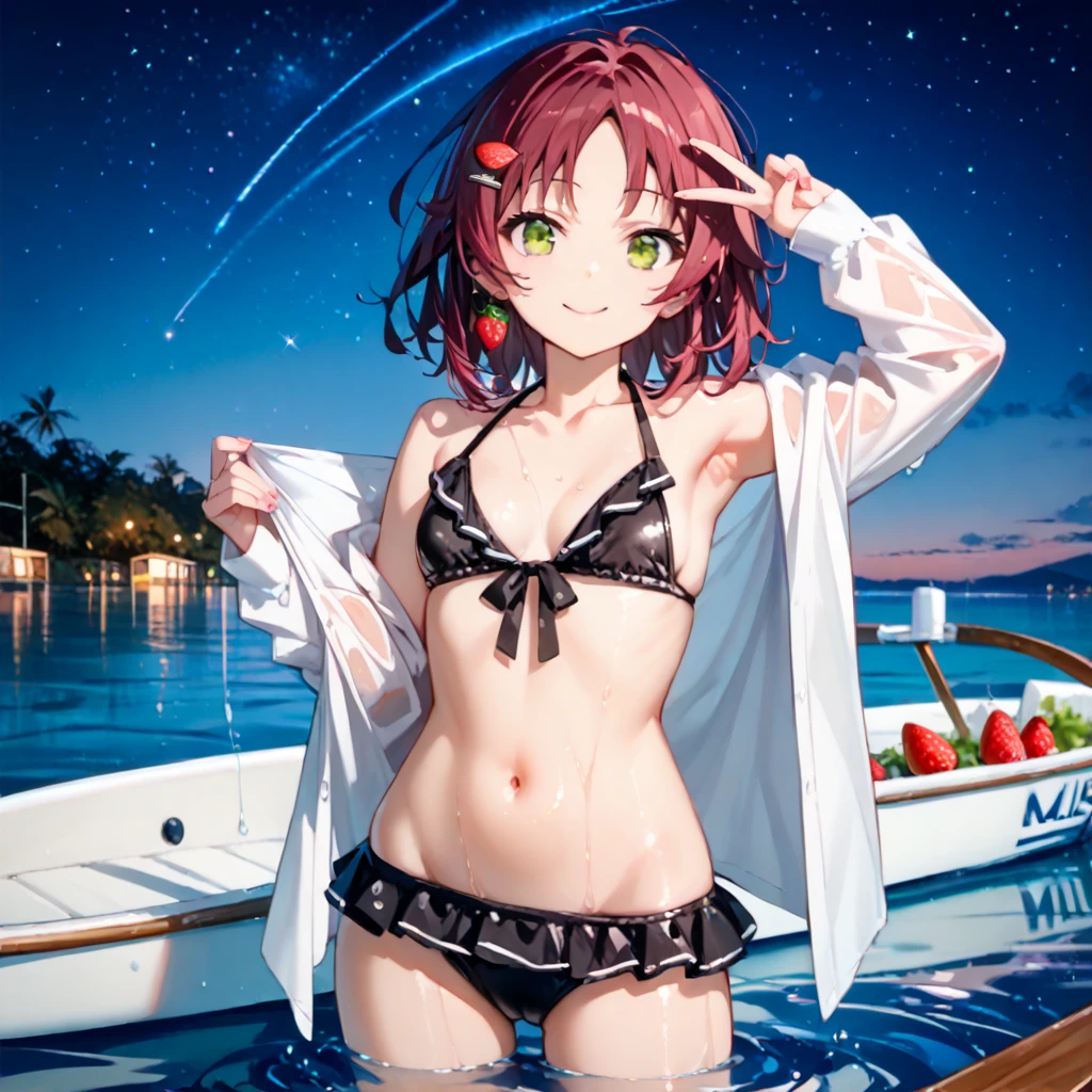 1girl, solo, swimsuit, bikini, star (sky), black hair, sky, long hair, wading, starry sky, night, looking at viewer, black bikini, shooting star, see-through, night sky, water, bangs, standing, outdoors, bare shoulders, off shoulder, breasts, collarbone, halterneck, cloud, hair between eyes, black eyes, open clothes, shirt, closed mouth, parted lips, expressionless, ocean, navel, grey eyes, swimsuit cover-up, white shirt, long sleeves, blue eyes, medium breasts, small breasts, cowboy shot, thighs, blush, wet, open shirt, bikini under clothes, jacket, reflection
