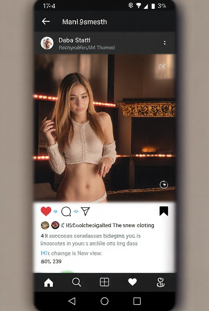 There is a woman who has a cell phone in her hand., vistiendo un top corto sexy, su ombligo esta expuesto, abdomen expuesto, vistiendo top corto, usando un top corto, usando un top cortos, usando varios colgantes, vistiendo un top sin mangas corta negra, the smallest abdomen ever seen, sexy, senos medios,