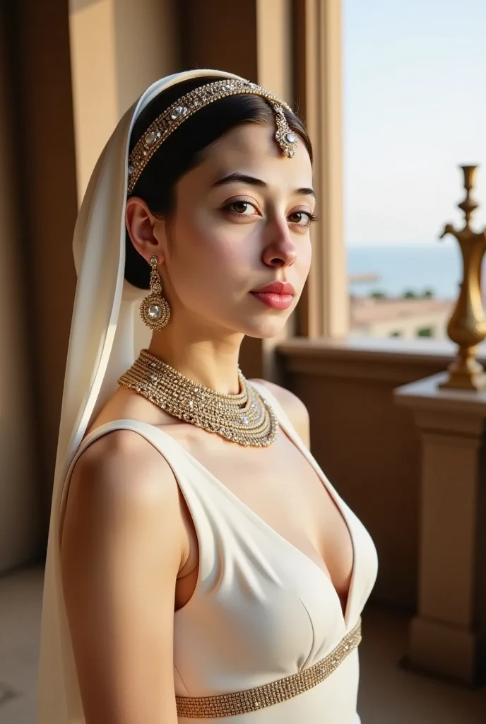 RAW, Best quality, high resolution, masterpiece: 1.3), beautiful dutch teen queen in hijab showing cleavage in sexy dress,Masterpiece, Soft smile, choker