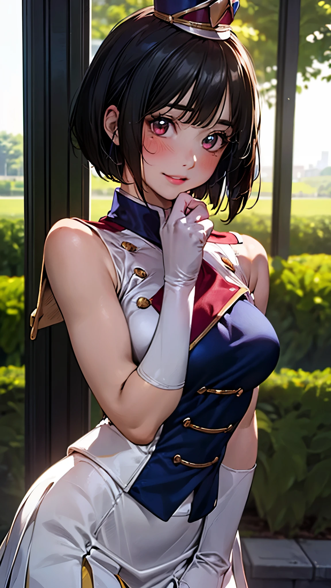 (masterpiece:1.3, top-quality, ultra high res, ultra detailed), (realistic, photorealistic:1.3), beautiful illustration, perfect lighting, natural lighting, colorful, depth of fields, 2025s, ,
beautiful detailed hair, beautiful detailed face, beautiful detailed eyes, (perfect hands, five fingers, perfect anatomy, anatomically correct, super detailed skin), pink skin, shiny skin,
looking at viewer, (face focus, upper body), 1 girl, high school girl, cute and symmetrical face, perfect face, perfect eyes, perfect body, babyface, cute face:1.2, tiny,
(short hair, bob cut, long sidelocks, black hair), blunt bangs, maroon eyes, big eyes, long eye lasher, (medium breasts, narrow west, seductive thighs), skin dentation,
(detailed cloth texture), (sunfes, uniform, mini shako cap),
(beautiful scenery), summer, evening, detailed background, (park:1.5), standing, (pose with movement), (lovely smile, shy, blush, parted lips),