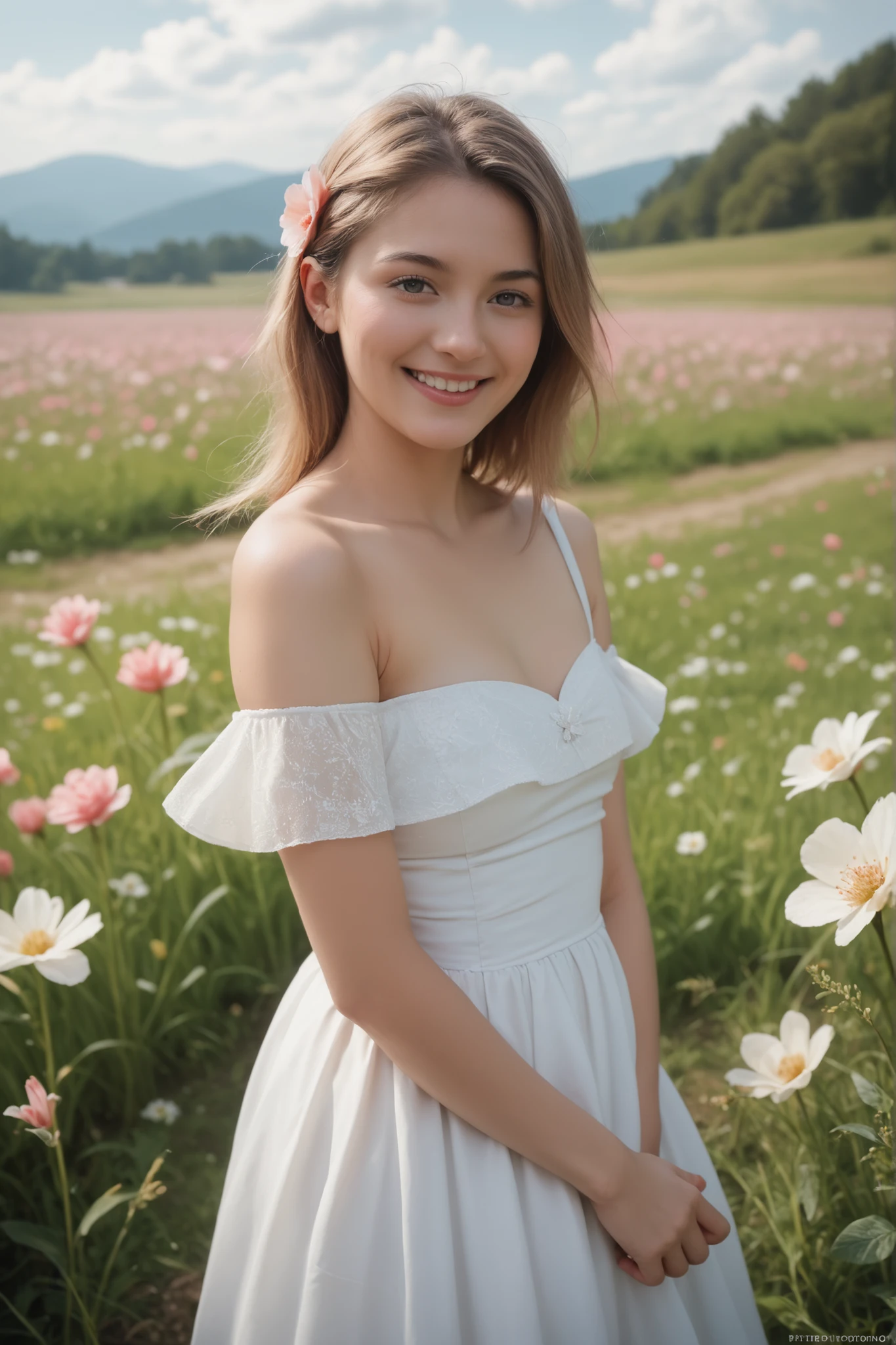 Best quality, masterpiece, ultra high res, (photorealistic:1.4), raw photo, 1girl, white dress, off shoulder, blossom flower field, glowing skin, light smile. 8k realistic attractive high resolution picture. Erotic pose. Looking seductive.