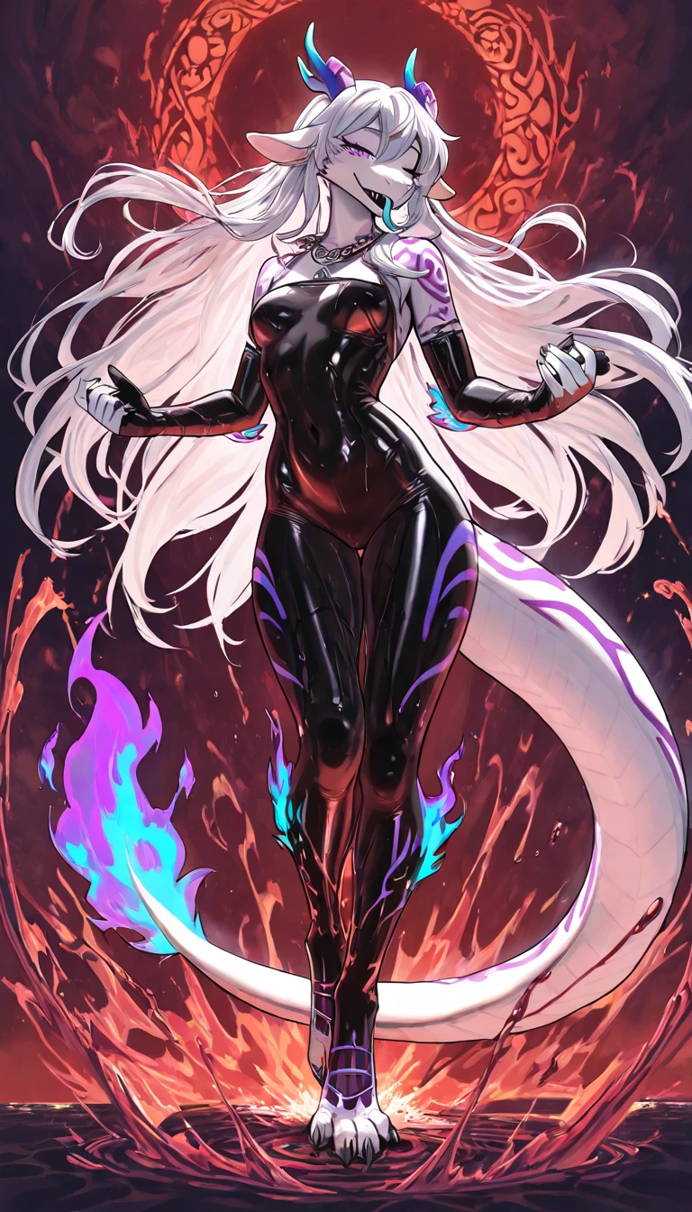 Carefully draw the face High-quality faces in anime style Shiny black full body suit Black High Heels Red lines all over the body a blond huge tit Big ass Whip thighs seductiv a smile succubus