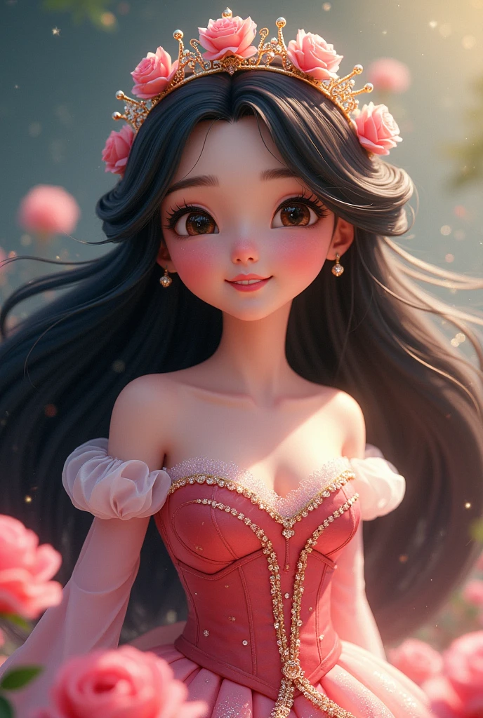 a disney pixar style princess, in a pink dress with long black hair, fundo png
