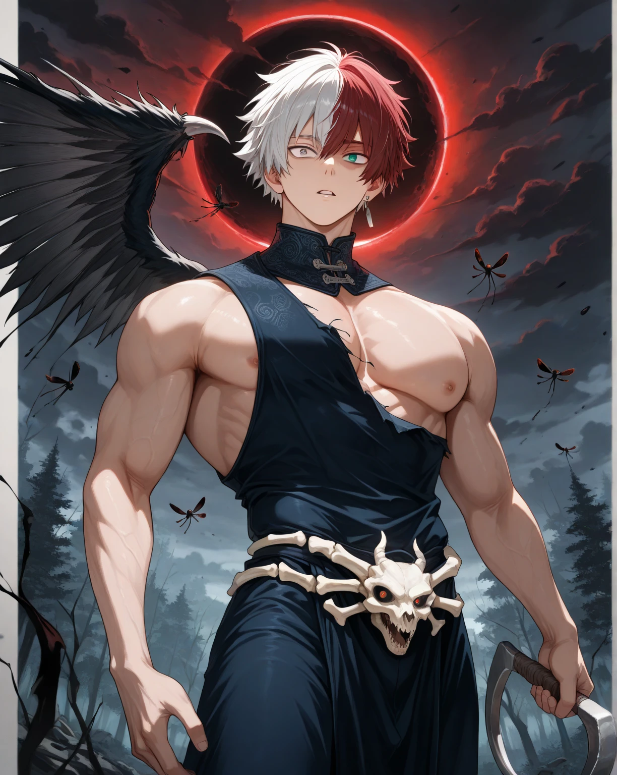 Ultra detailed, HDR, Highres, absurdres, master piece, Bakugo Katsuki, ash blond hair, expressive red eyes, Boku No Hero Academia, red glittering butterflies, petals, fantasy, red flowers, sexy man, solo, handsome, glittering, toned chest, red cape with a collar fur, red background, neckless, cross, magical, fire, very detailed eyes and face, white belt, blue pants