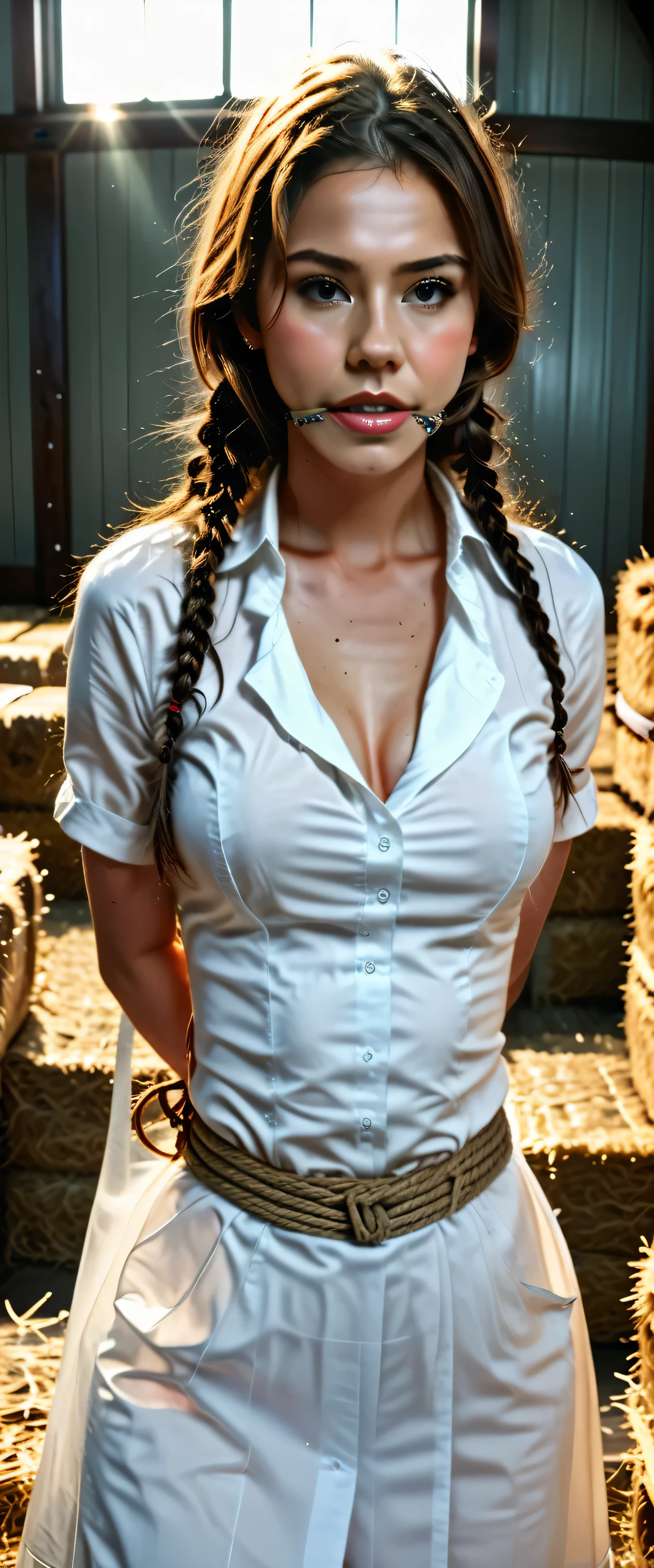 girl in sexy_cowgirl_cosplay_outfit,hogtied,rating_explicit,barn,detailed,photorealistic,HDR,16K,beautiful,serene,warm lighting,golden hour,countryside landscape,wooden beams,hay bales,dust motes,natural textures,cinematic composition,dramatic clouds,rolling hills,professional portrait photography